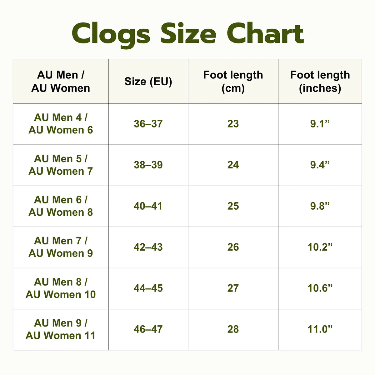 Slip-On Comfort Clogs Size Guide