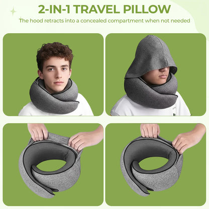 Upgraded Hooded Travel Neck Pillow – Memory Foam Pillow for Long Flights & Sleeping