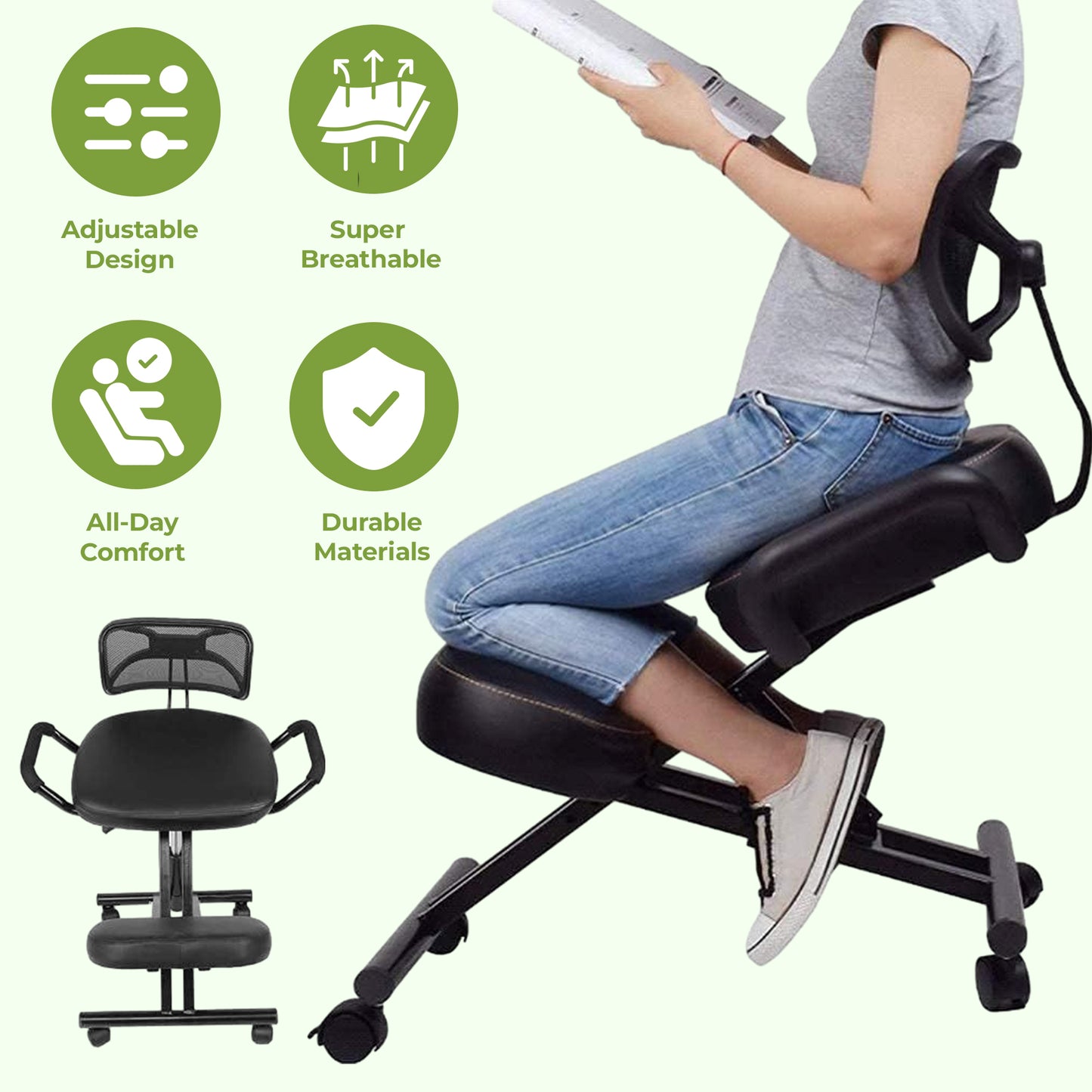 Kneeling Office Chair with Back Support - Stool with Smooth Casters