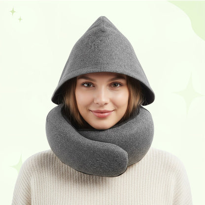 Upgraded Hooded Travel Neck Pillow – Memory Foam Pillow for Long Flights & Sleeping