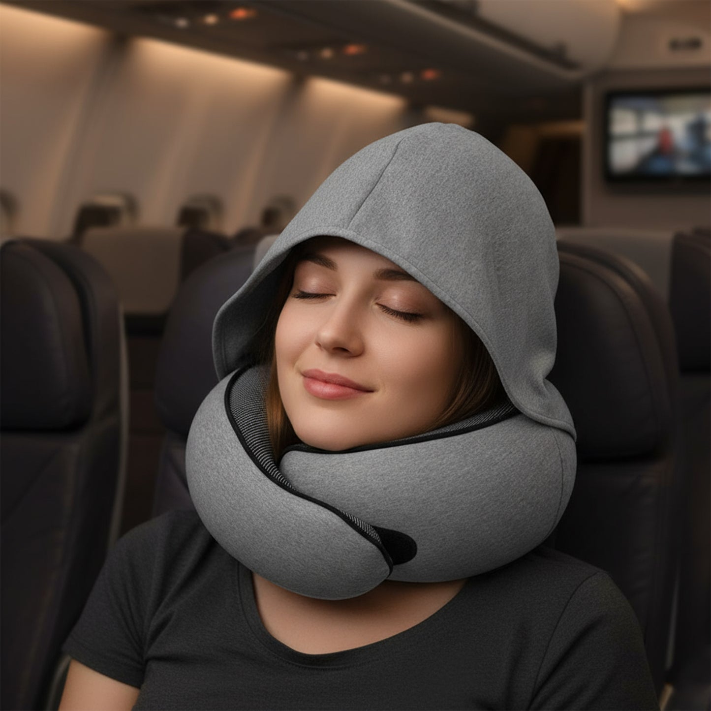 Upgraded Hooded Travel Neck Pillow – Memory Foam Pillow for Long Flights & Sleeping