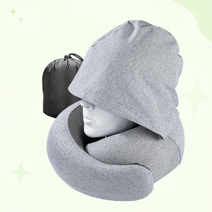 Upgraded Hooded Travel Neck Pillow – Memory Foam Pillow for Long Flights & Sleeping