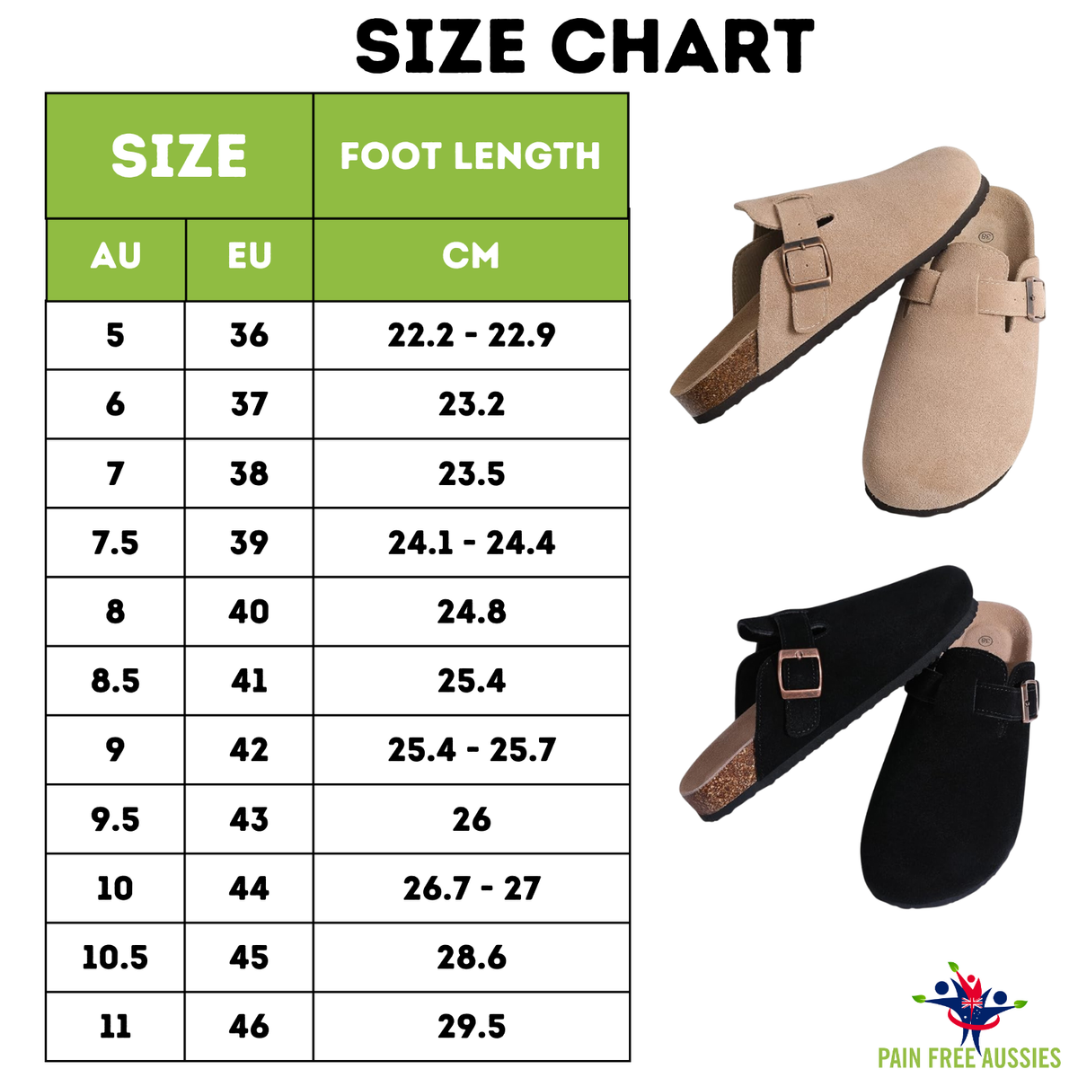Women's Classic Cork Clogs - Cork Footbed, All-Day Comfort Size Guide