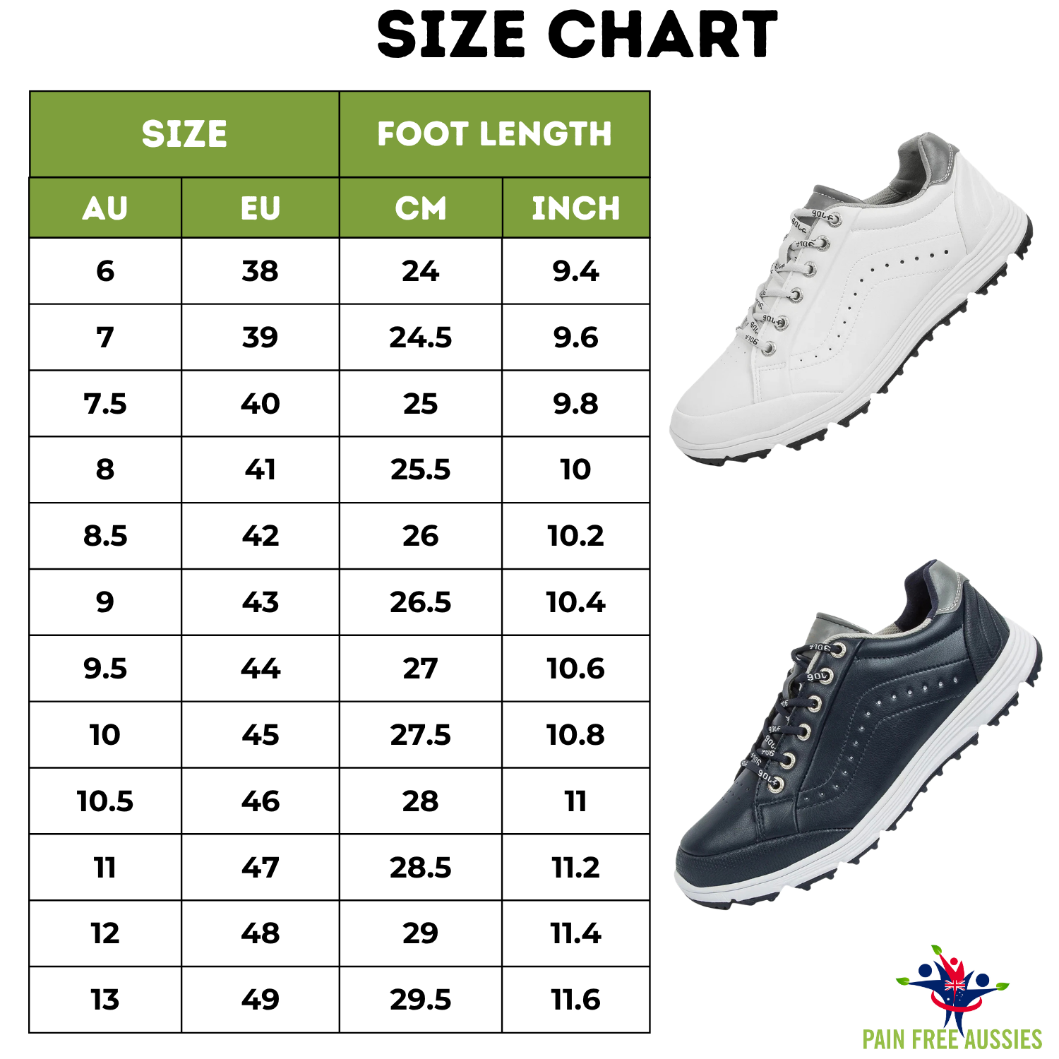 Men Comfort Golf Shoes V2.0 Size Guide