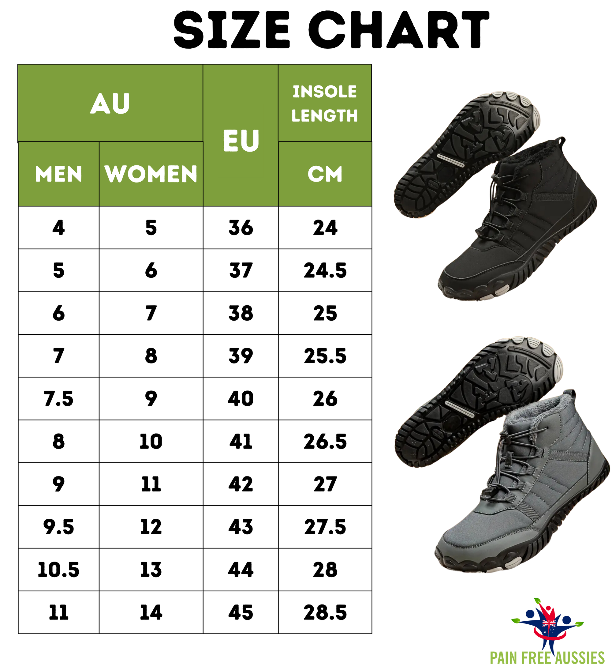 Winter Barefoot Shoe - Keep Feet Warm and Cozy Size Guide