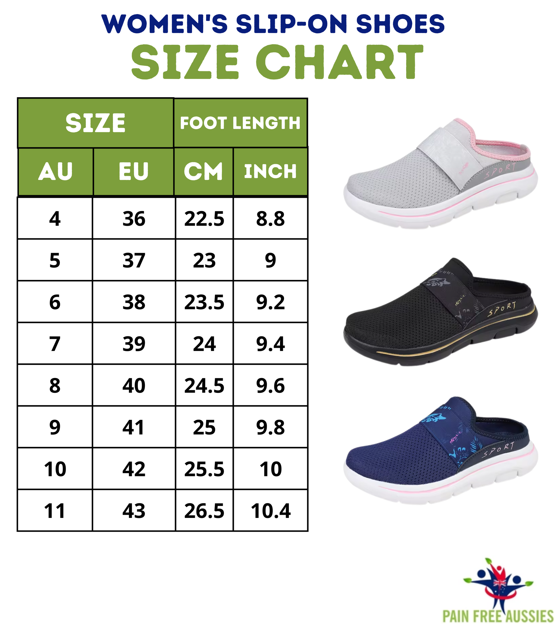 Unisex Slip On Shoes Enhances walking comfort Pain Free Aussies