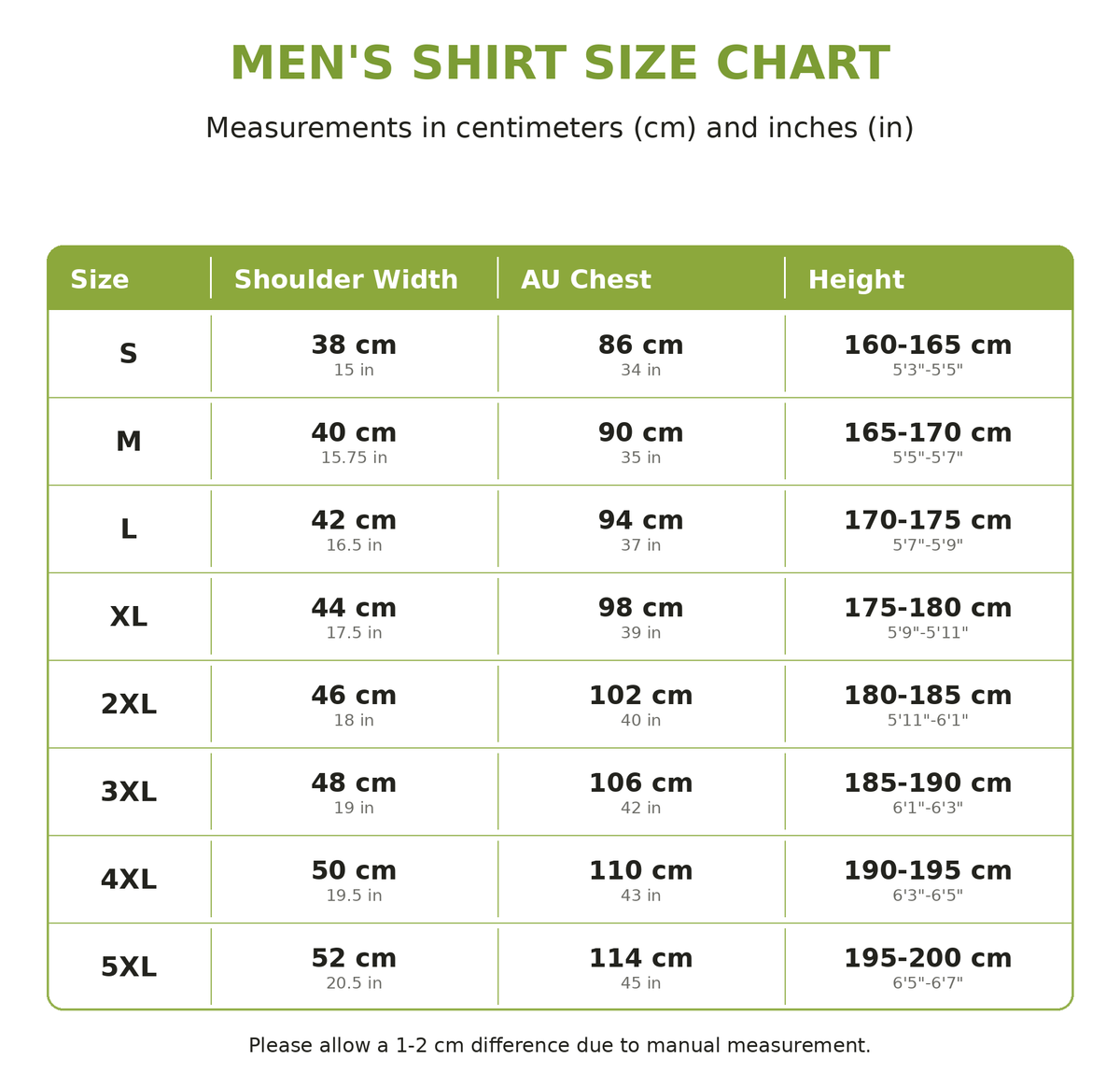 Men's Short Sleeve Cooling Shirt Size Guide
