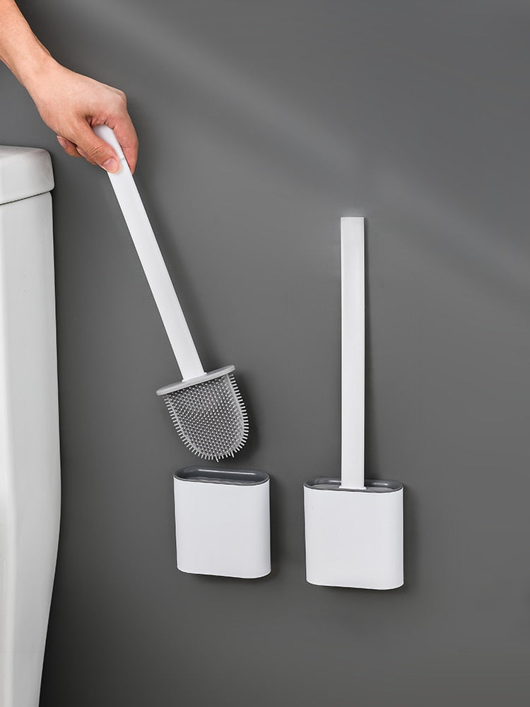 Silicone Toilet Brush Set,Toilet Brush and Holder Flat Head Flexer Brush ,  Wall-Mounted Toilet Bowl Brush Removable, for Bathroom (Gray)